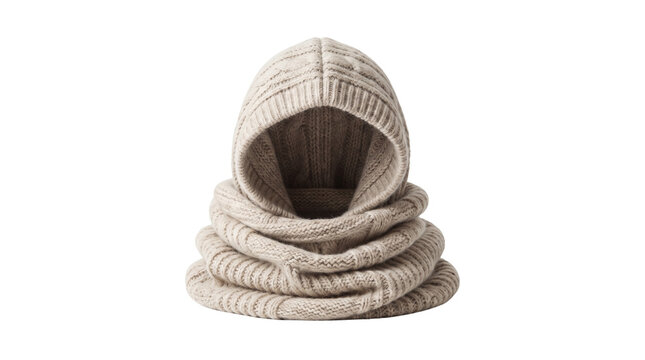 Beige knitted balaclava hood, cozy wool snood scarf for winter fashion, ribbed knit neck warmer isolated on white background