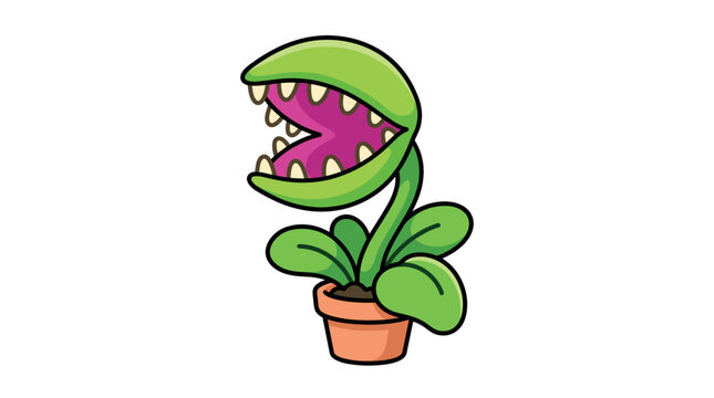 Cute cartoon venus flytrap illustration in a terracotta pot. Colorful vector style character design perfect for gaming, education, kids projects, and fun web graphics.