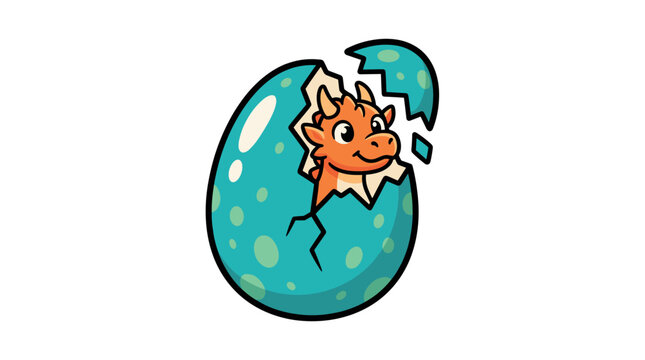 A vector illustration of an adorable orange baby dragon hatching from a cracked blue speckled egg. Perfect for fantasy designs, children's books, or mascot logos with a playful mood.