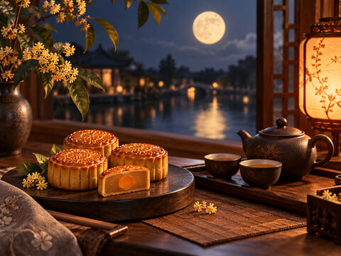 Mooncake and Lantern Tabletop for Mid Autumn Celebration