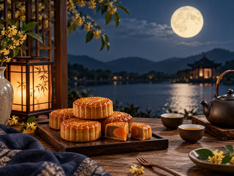 Mooncake and Lantern Tabletop for Mid Autumn Celebration