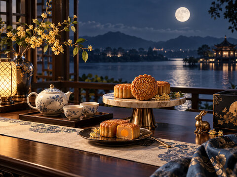 Mooncake and Lantern Tabletop for Mid Autumn Celebration