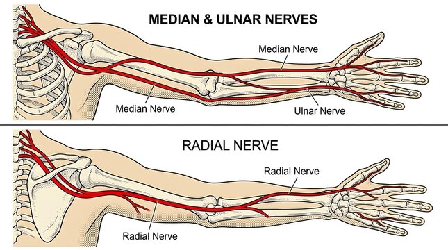 Medical diagram illustrating median ulnar radial nerves in the human arm human anatomy median nerve human body medical illustration