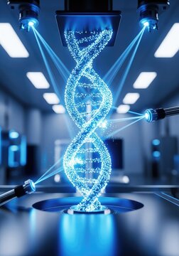 A glowing blue DNA double helix structure being modified by precise digital light beams in a high-tech laboratory setting for gene research, biology, scientific, micro