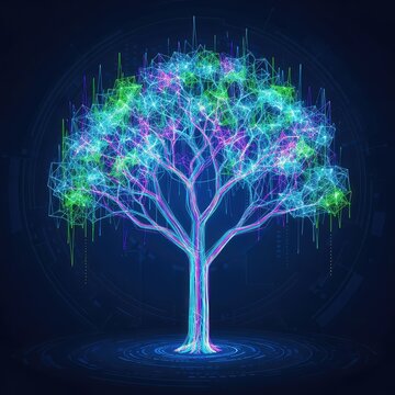 A glowing digital network of interconnected nodes and lines forms an intricate abstract tree structure against a dark blue tech background, abstract, internet, computing