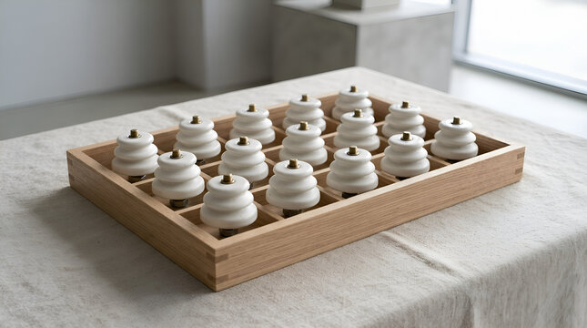 Wooden board game with cream and natural wood pieces arranged in rows