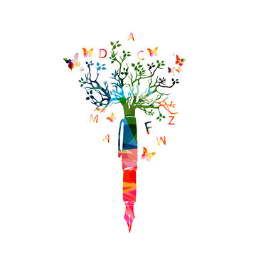 Fountain Pen with Knowledge Tree and Letters Vector Illustration