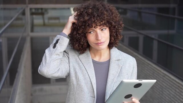 A Confused Business Professional is using a tablet while sitting outdoors in an urban area
