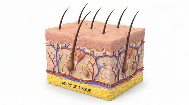 3D cross section model of human skin layers featuring hair follicles and connective tissue subcutaneous tissue hair follicle 3D model