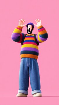 A colorful, stylized character with arms raised in surprise, against a vivid pink background