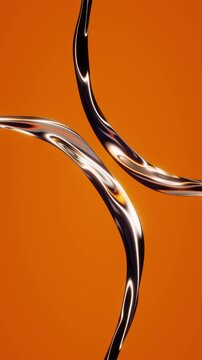 Fluid metallic chrome bands undulate and reflect soft highlights across a clean vibrant orange background in a vertical 3D render