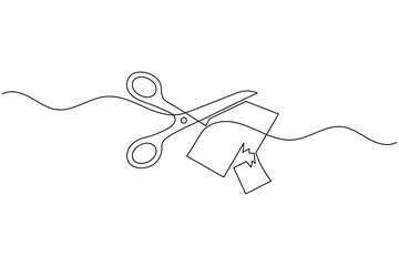Obraz premium Scissors cutting paper sheet one line art continuous line drawing minimalist craft project tool outline vector illustration
