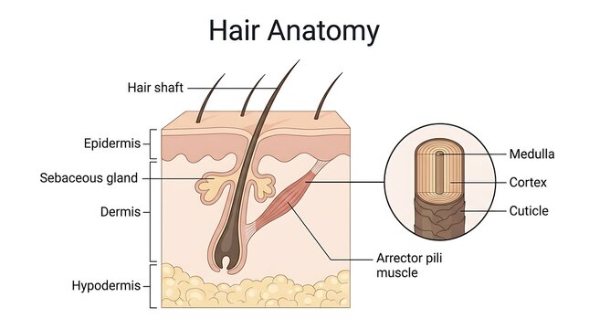 Detailed hair anatomy infographic with magnified hair strand showing medulla cortex and cuticle hair shaft hair structure hair follicle