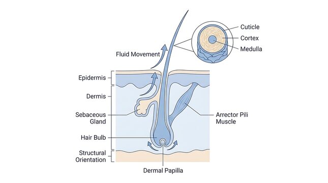 Biological diagram of hair follicle anatomy in skin layers with detailed hair shaft magnification dermal papilla arrector pili sebaceous glan