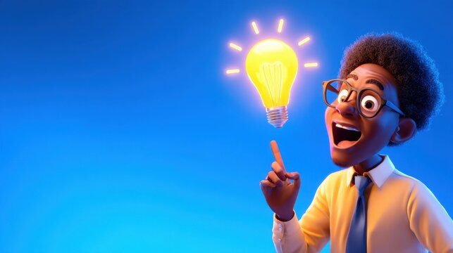 A cheerful young man in glasses is excitedly holding a glowing light bulb above his head