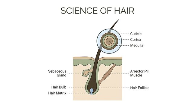 Science of hair infographic showing follicle structure arrector pili muscle and skin layers with sebaceous gland hair anatomy dermal layers