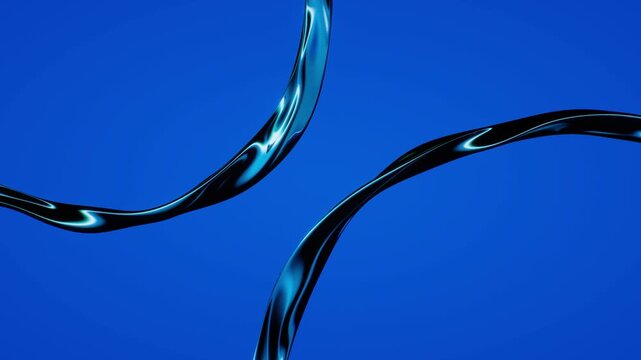 Reflective metallic chrome ribbons glide and flex across a solid royal blue studio space in a sleek horizontal 3D motion loop