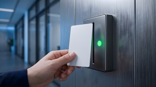 Person inserting id card into reader for access control.
