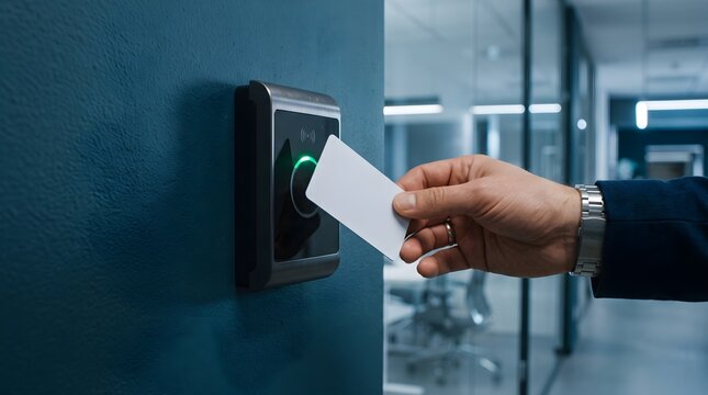 Secure office access control using white magnetic key card.