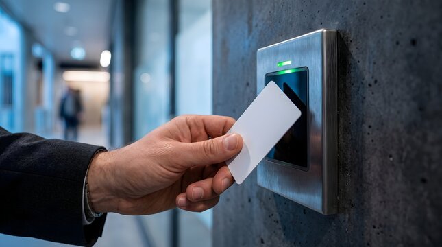 Person using an id card to access secure area in office.
