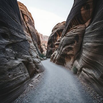 Narrow gravel hiking path between towering weathered sandstone canyon rock walls