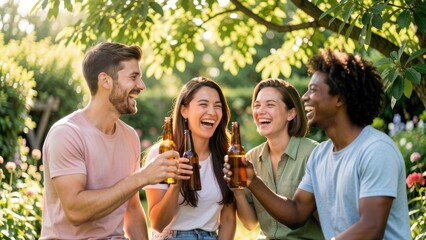 Obraz premium diverse young friends laughing enjoying beer in sun dappled lush garden summer afternoon lifestyle photography