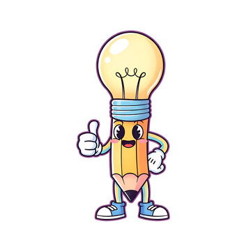 Creative pencil lightbulb cartoon character mascot giving a thumbs up gesture.