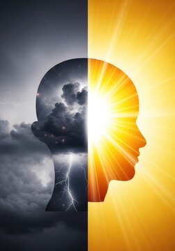 An abstract mind silhouette split between stormy dark clouds and a bright radiant sun representing the intense swings of a bipolar mood disorder, split, neurological, unstable