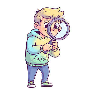 Curious cartoon boy coder searching with a magnifying glass.