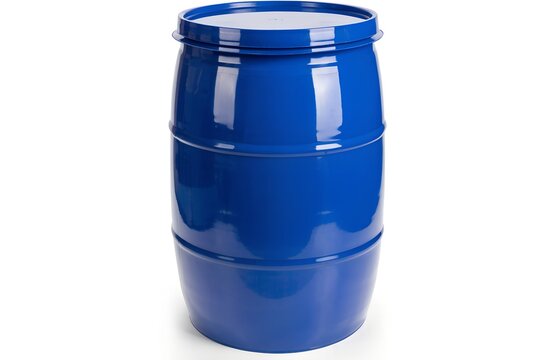 Large industrial blue plastic barrel for chemical storage with industrial drum