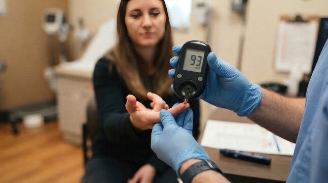 Healthcare worker performing a blood glucose test on a patient using a digital glucometer in a doctors office world diabetes day