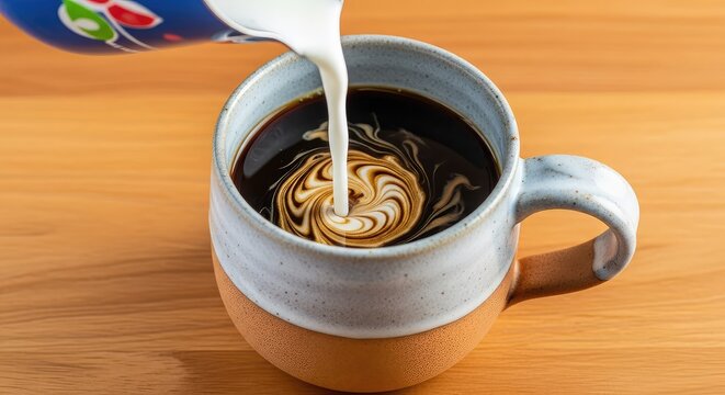 Close up of a handmade rustic ceramic mug on a wooden surface as frothed milk is poured into dark coffee during a cozy and quiet morning, aroma, soft, clay