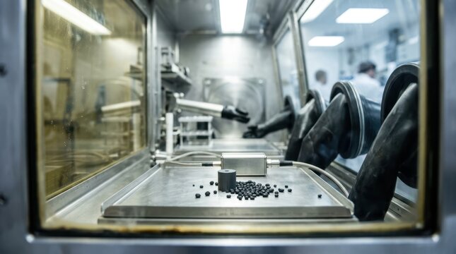 Close-up of a nuclear hot-cell glovebox with ceramic fuel pellet, neutron detector, boron carbide beads and lead-glass windows