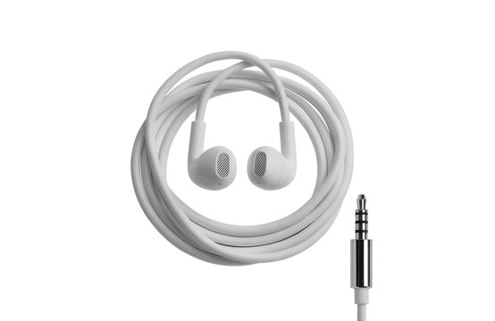 Coiled white wired earbuds with a 3.5mm jack on white background