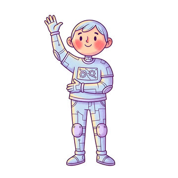 Cute cartoon boy in a futuristic robot costume waving hello.