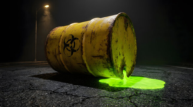 Toxic Waste Barrel Leaking Glowing Green Liquid On Road | Biohazard Chemical Spill From Yellow Metal Drum At Night | Environmental Pollution Chemical Hazard Concept