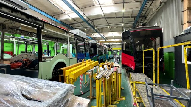 Bus manufacturing workshop. BKM HOLDING Plant for production of trams, EV buses, trolleybuses. Modern urban electric transport. EV puplic transport manufacturing factory. Belarus, Minsk, Aug 8, 2026