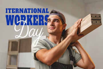 Naklejka premium Celebration of International Workers Day with a worker carrying wood on May 1