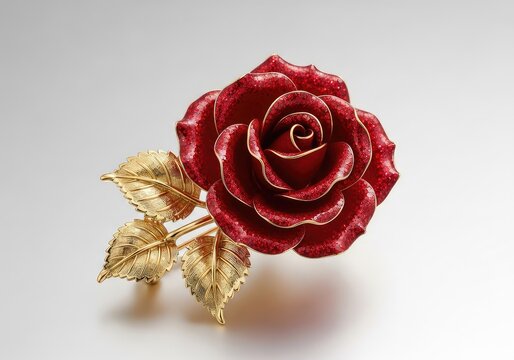 Exquisite gold brooch featuring a detailed red rose with metallic leaves and shimmering petals, perfect for elegant formal fashion accents, flower, decorative, jewelry