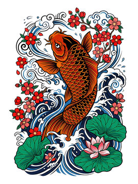 Koi fish illustration featuring traditional Japanese waves and blooming cherry blossoms, presented on transparent background