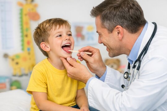 A doctor examines a child's teeth with a stethoscope, a common dental check-up procedure