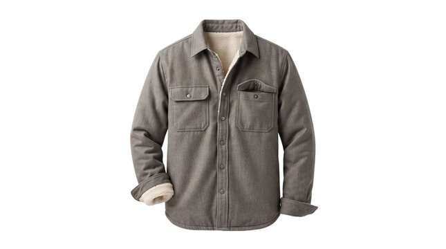 Rugged men's flannel shirt jacket with warm sherpa lining, olive green heavy cotton workwear shirt, outdoor winter apparel for men