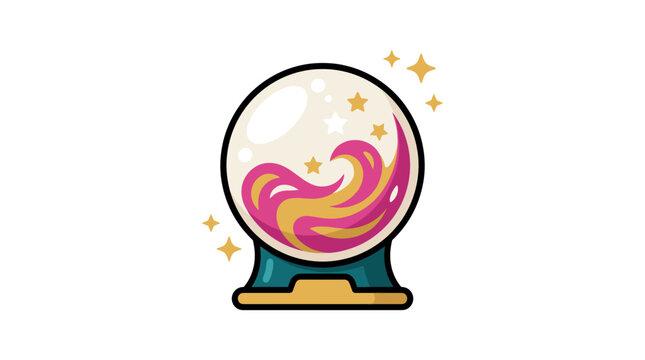A colorful magic crystal ball vector graphic featuring swirling pink and gold energy inside with sparkling stars. Perfect for fantasy projects, gaming icons, or mystical themes.