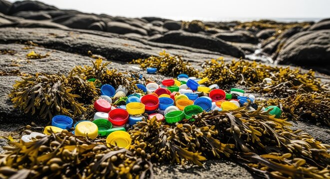 Multicolored plastic bottle caps and tangled seaweed wash ashore on a rugged rocky coastline, illustrating a grave environmental crisis, kelp, stones, seaweed