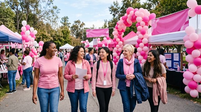 Diverse group of women walking together at a breast cancer awareness event with pink decorations