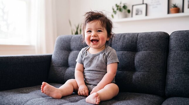 Happy Laughing Baby Girl Sitting on Sofa at Home