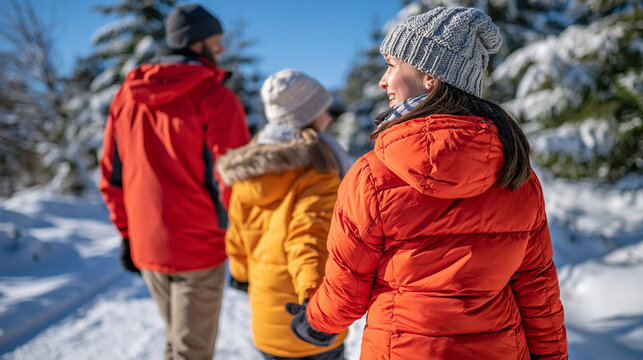 Bright snowy woodland viewed from behind, family members holding hands as they walk together along a pristine packed snow trail, colorful puffy winter jackets, knitted hats and scarves, heavily fros