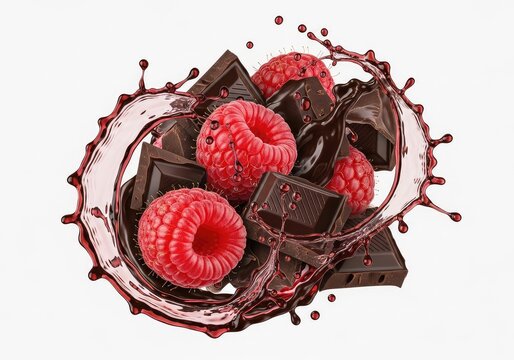 Ripe red raspberries mixed with rich dark chocolate chunks and dynamic liquid splashes, captured in a high-speed studio photography style, swirl, flying, falling