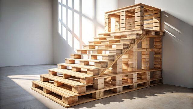 Wooden pallet stairs on white background