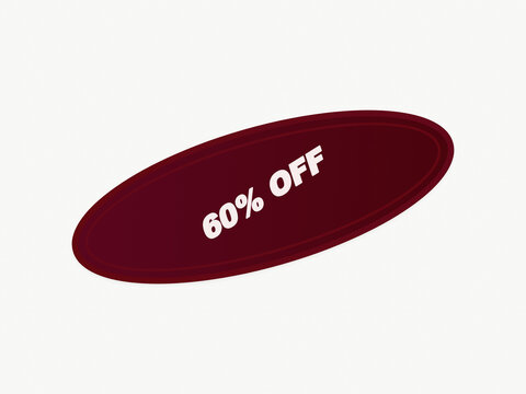 A bold dark red oval badge featuring the text 60% OFF in white, designed as a modern promotional graphic element for retail sales, marketing campaigns, and e-commerce discounts.